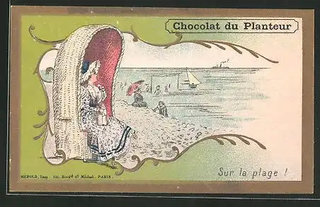 Sammelbild Chocolat du Planteur, Sur la plage!, Fräulein im Strandkorb mit Meerblick