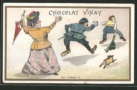 Sammelbild Chocolat Vinay, Au voleur!, Polizist verfolgt einen Handtaschendieb