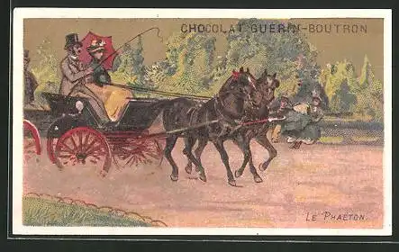 Sammelbild Chocolat Guérin-Boutron, Le Phaeton, Pferdekutsche mit Liebespaar