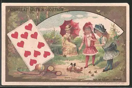Sammelbild Chocolat Guérin-Boutron, Dix de Coeur, Bonté, Herz-Karte, zwei Mädchen beobachten Hennen und Küken