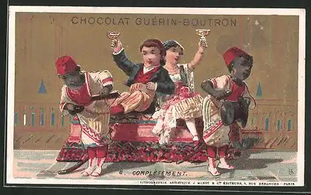 Sammelbild Chocolat Guérin-Boutron, Complétement, Kinderpaar feiert mit Wein, afrikanische Buben als Diener