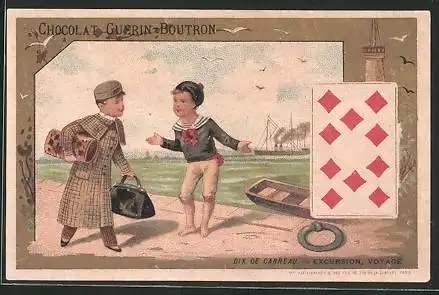 Sammelbild Chocolat Guérin-Boutron, Dix de Carreau, Excursion, Voyage, Karo-Karte, Mann mit gepäck und Matrose im Hafen