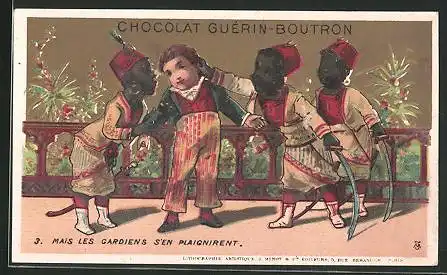 Sammelbild Chocolat Guérin-Boutron, Mais les Gardiens s'en Plaignirent, afrikanische Buben ziehen einem Knaben am Ohr