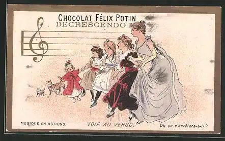 Sammelbild Chocolat Félix Potin, Decrescendo, Musique en Actions, Voir au Verso, tanzende Damen