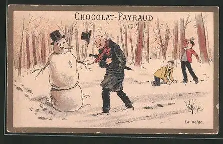 Sammelbild Chocolat Payraud, la neige, freche Buben bewerfen einen Mann mit Schneebällen