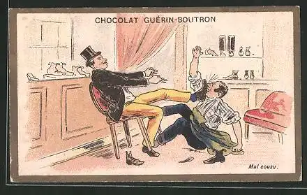 Sammelbild Chocolat Guérin-Boutron, Ma cousu, Mann tritt einem Schuhputzer ins Gesicht