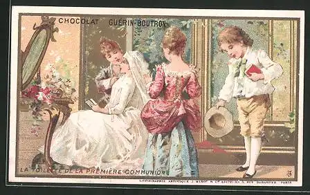 Sammelbild Chocolat Guérin-Boutron, la Toilette la Premiére Communion, Bräutigam verbeugt sich vor seiner Braut