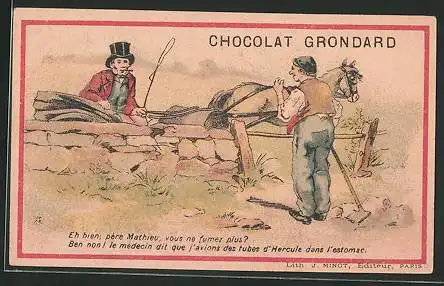 Sammelbild Chocolat Grondard, Bauer im Gespräch mit einerm Pferdekutscher