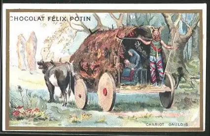 Sammelbild Chocolat Félix Potin, Chariot Gaulois, Germanen im Rinderwagen