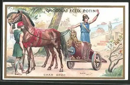 Sammelbild Chocolat Félix Potin, Char Grec, Griesche im Pferdewagen