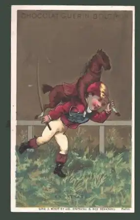 Sammelbild Chocolat Guérin-Boutron, en Retard, Jockey mit Spielzeugpferd auf dem Rücken