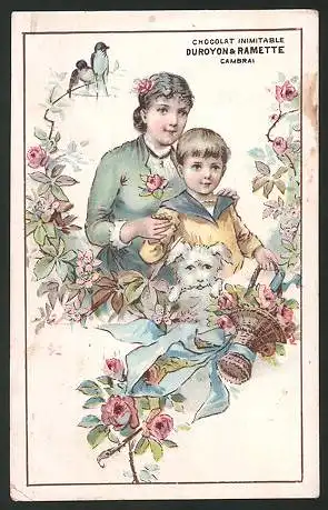 Sammelbild Chocolat Inimitable, Duroyon & Ramette, Mädchen & Bube mit Hund, Blumenrahmen