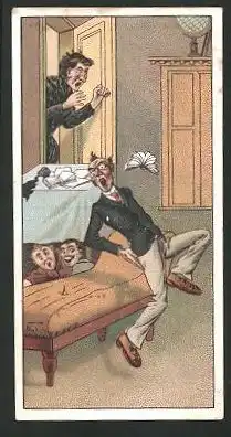 Sammelbild Chocolaterie Marchal, Frau erschreckt ihren Mann, freche Buben lachen unter dem Tisch