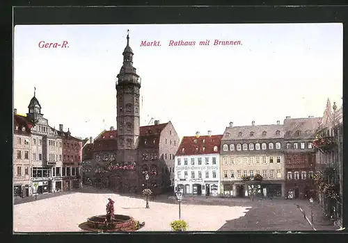 AK Gera-R., Markt und Rathaus mit Brunnen