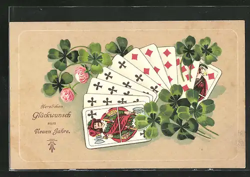 Präge-AK Kartenspiel mit Kleeblättern, Neujahrsgruss