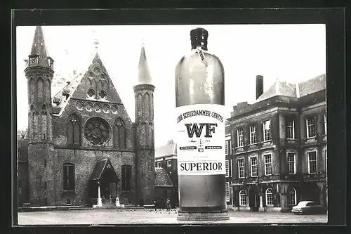 AK Platz mit Kirche und Schnapsflasche, Reklame für Wynand Fockink