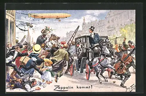 Künstler-AK Arthur Thiele: Stadtbewohner blicken zum Zeppelin auf
