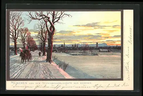 Künstler-AK Zeno Diemer: München, Ortsansicht von der Schwabingerlandstrasse aus, Verschneite Idylle bei Sonnenuntergang