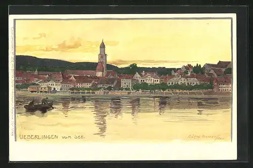 Künstler-AK Zeno Diemer: Ueberlingen, Seepanorama mit Kirche und Ruderboot