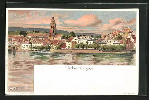 Künstler-AK Carl Biese: Ueberlingen, Ortsansicht mit Kirche und Seepartie