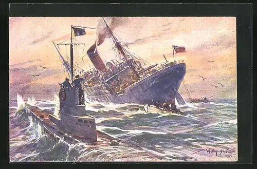 Künstler-AK Willy Stoewer: Vernichtung eines engl. Handelsdampfers durch ein dt. U-Boot