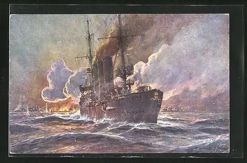 Künstler-AK Willy Stoewer: Madras, Beschuss durch Kriegsschiff SM Kreuzer Emden