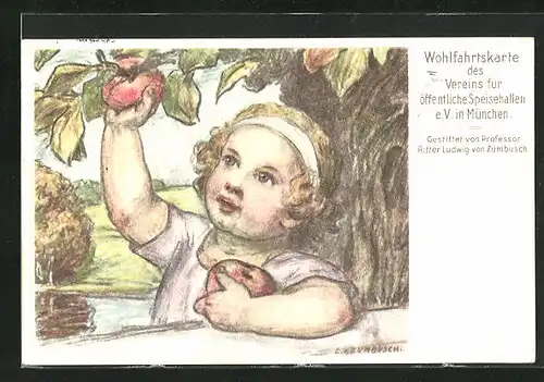 Künstler-AK Ludwig von Zumbusch: Gelocktes Mädchen pflückt einen Apfel