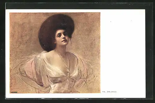 Künstler-AK Franciszek Zmurko: Elegante Frau mit Hut und durchscheinendem Kleid