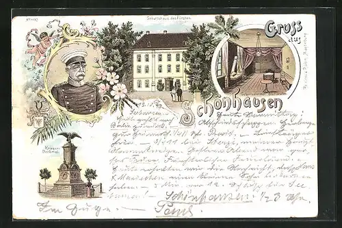 Lithographie Schönhausen, Geburtshaus des Fürsten mit Geburtszimmer, Porträtbild von Fürst Bismarck