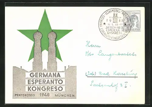 AK München, Germana Esperanto Kongreso 1948, Silhouette der Frauenkirche