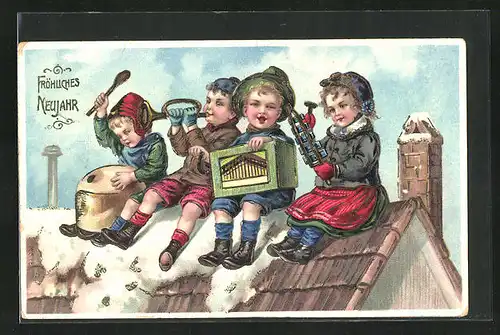 AK Kinder mit Leierkasten und Trompete auf einem Dach, Neujahrsgruss