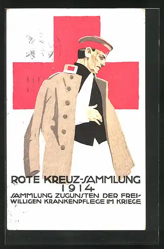 Künstler-AK Ludwig Hohlwein, Ganzsache Bayern PP38C7 /01: Rote Kreuz-Sammlung 1914, Verwundeter Soldat in Uniform