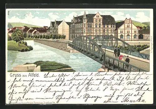 Lithographie Alfeld, Ortsansicht mit Brücke