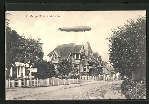 AK St. Margarethen a. d. Elbe, Zeppelin über dem Ort