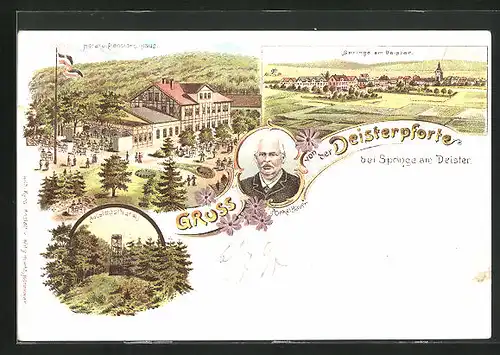 Lithographie Springe / Deister, Hotel zur Deisterpforte, Ortsansicht, Aussichtsturm