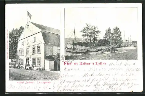 AK Kollmar / Holstein, Gasthaus zur Post, Uferpartie mit Segelbooten