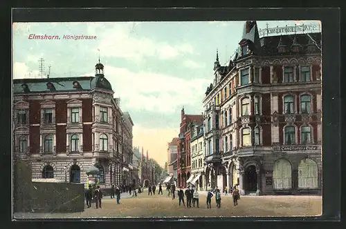 AK Elmshorn, Königstrasse mit Cafe Schrader, Geschäften und Passanten, Litfasssäule