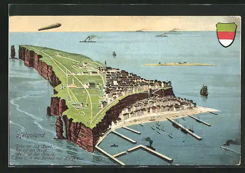 AK Helgoland, Gesamtansicht mit Zeppelin über der Insel, Wappen