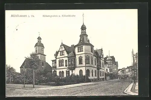 AK Mühlhausen i. Thür., Strasseneck am Kiliansgraben und Kilianikirche