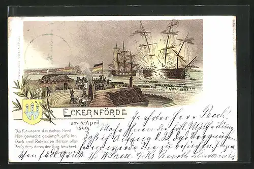 Lithographie Eckernförde, Seeschlacht um die Stadt, Fort beschiesst ein Segelschiff