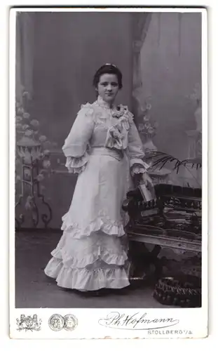 Fotografie Ph. Hofmann, Stollberg i / S., Portrait junge Dame im hübschen Kleid mit Buch