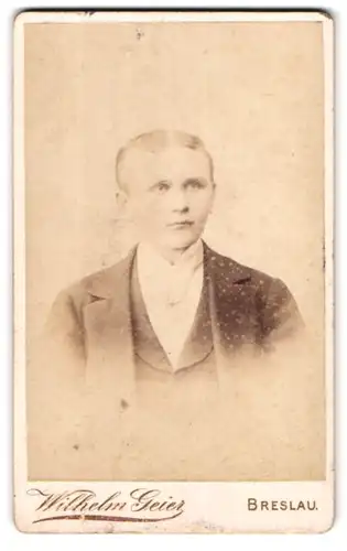 Fotografie Wilhelm Geier, Breslau, Schweidnitzerstrasse 16-18, Portrait junger Mann im Anzug mit Krawatte