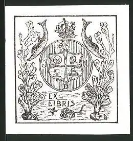 Exlibris Wappen mit Glas, Schiff und Buch