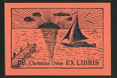 Exlibris Christian Drue, Schiff mit Sonnenuntergang