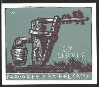 Exlibris Paavo & Helena Helkama, Wasserpumpe mit Vögeln