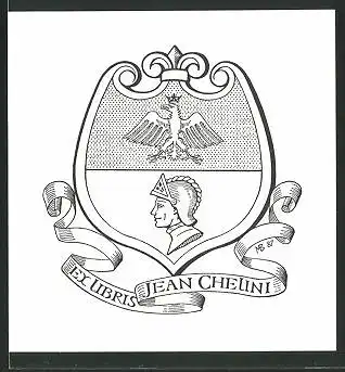 Exlibris Jean Chelini, Wappen mit Ritterhelm und Vogel