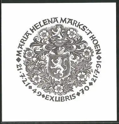Exlibris Maria Helena Markset Hoen, Wappen mit Ritterhelm und Greif