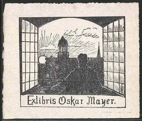 Exlibris Oskar Mayer, Person auf der Fensterbank schaut raus