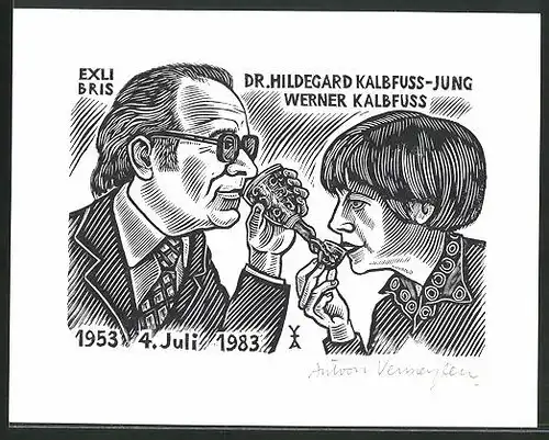 Exlibris Dr. Hildegard Kalbfuss-Jung, Werner Kalbfuss, Frau mit Mann trinken aus Kelch