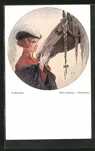 Künstler-AK S. Solomko: Mein Liebling, Dame mit ihrem Pferd